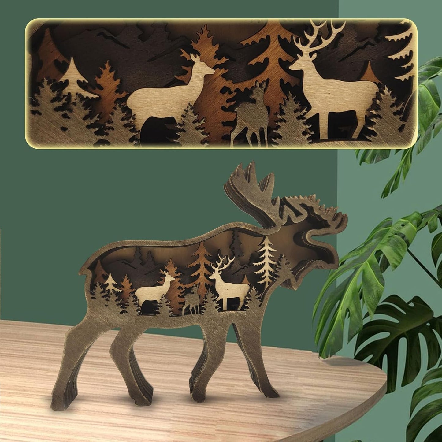 Drawelry 3D Wood Carving Animals Lamp Home Decorative, Cute Bear Family Elephant Presents Ideas Christmas Living Room Office Decor Warm LED Night Lights Gift for Friend Daughter Son Mom Dad (Moose)