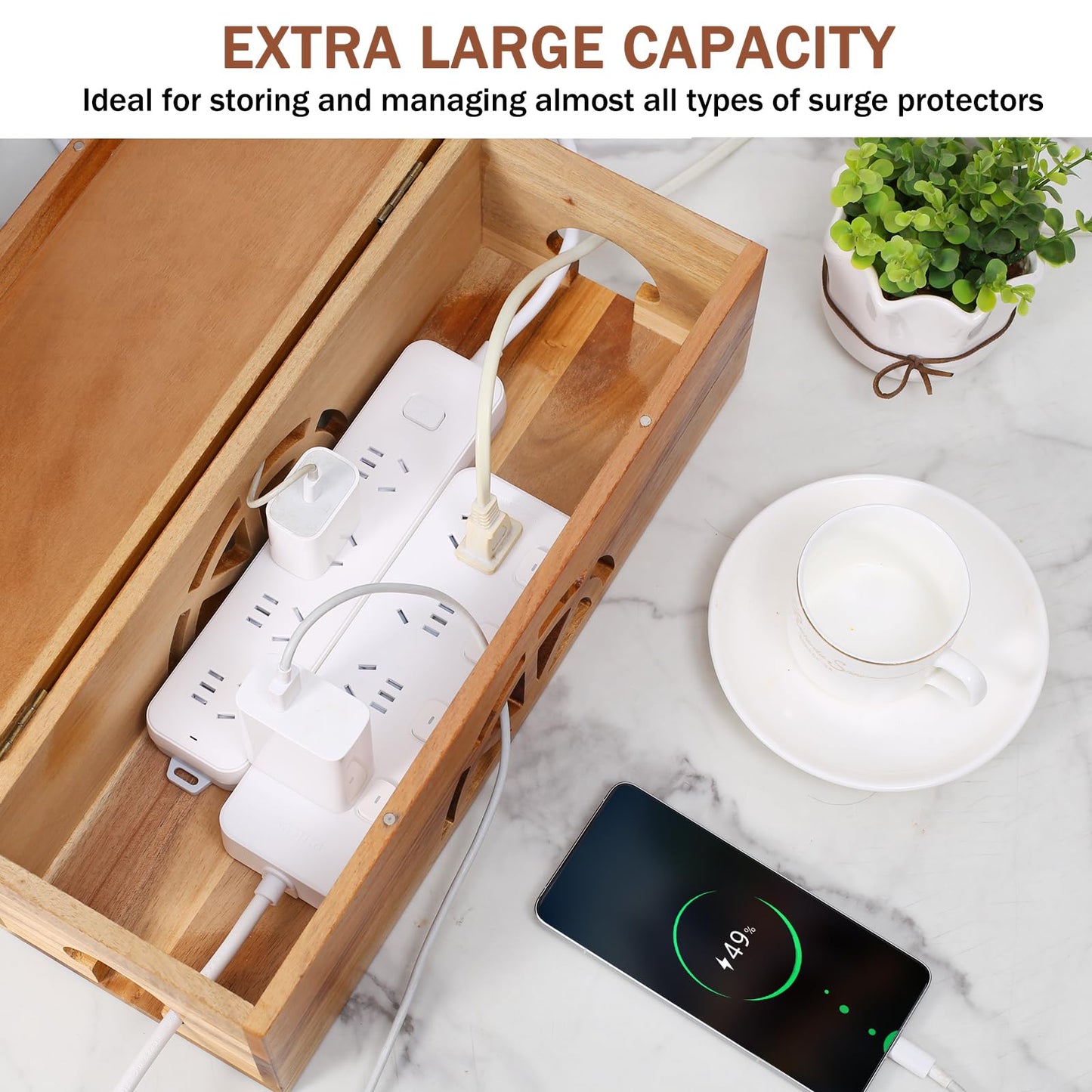 Wood Cable Management Box - 15.8" (L) x 6" (W) 5.5" (H) Acacia Wood Cable Hider Box, Cord Hider with Magnet Design & Outlet Hole, Power Strip Surge Protect & Organizer for Home Office Kitchen TV Wires