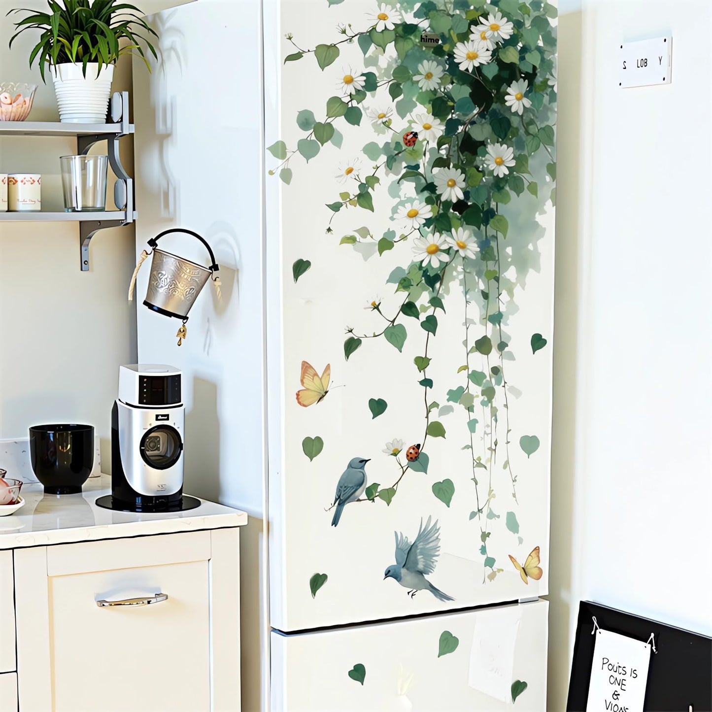 sacinora Hanging Greenery Vine Daisy Wall Stickers, Birds Butterflies Ladybugs Aesthetic Floral Wall Decals Removable Vinyl Peel and Stick Bedroom Kitchen Fridge Door Art Home Decor