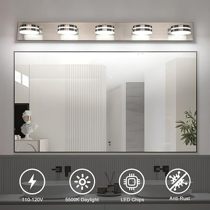 Brushed Nickel Bathroom Light Fixtures Over Mirror, 5-Light Bathroom Vanity Light, LED Dimmable Bath Lights, Modern Wall Mounted Lighting Fixture with Rotating Lamp Head