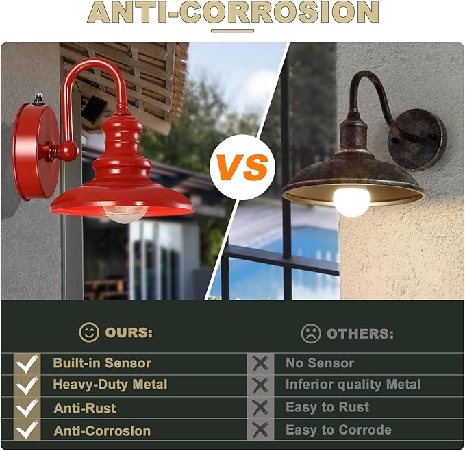 LONEDRUID Dusk to Dawn Sensor Outdoor Gooseneck Barn Light Fixtures Red Exterior Wall Sconce Lighting Rustic Outside Porch Lantern Farmhouse Wall Mount Lamp for House Garage Patio