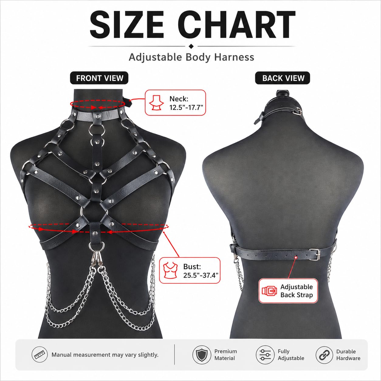Women‘s Leather Chest Harness Top – Gothic Black Body Strap Belt, Punk Chain Harness for Festival Cosplay Rave Party Outfit