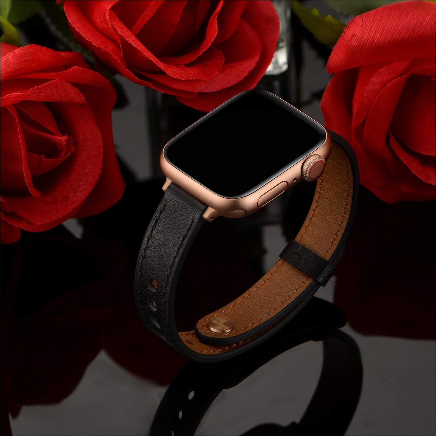 OUHENG Slim Bands Compatible with Apple Watch Band 42mm 41mm 40mm 38mm, Women Genuine Leather Replacement Thin Strap for iWatch SE 3/2/1 Series 11 10 9 8 7 6 5 4 3 2 1 (Black/Rose Gold)