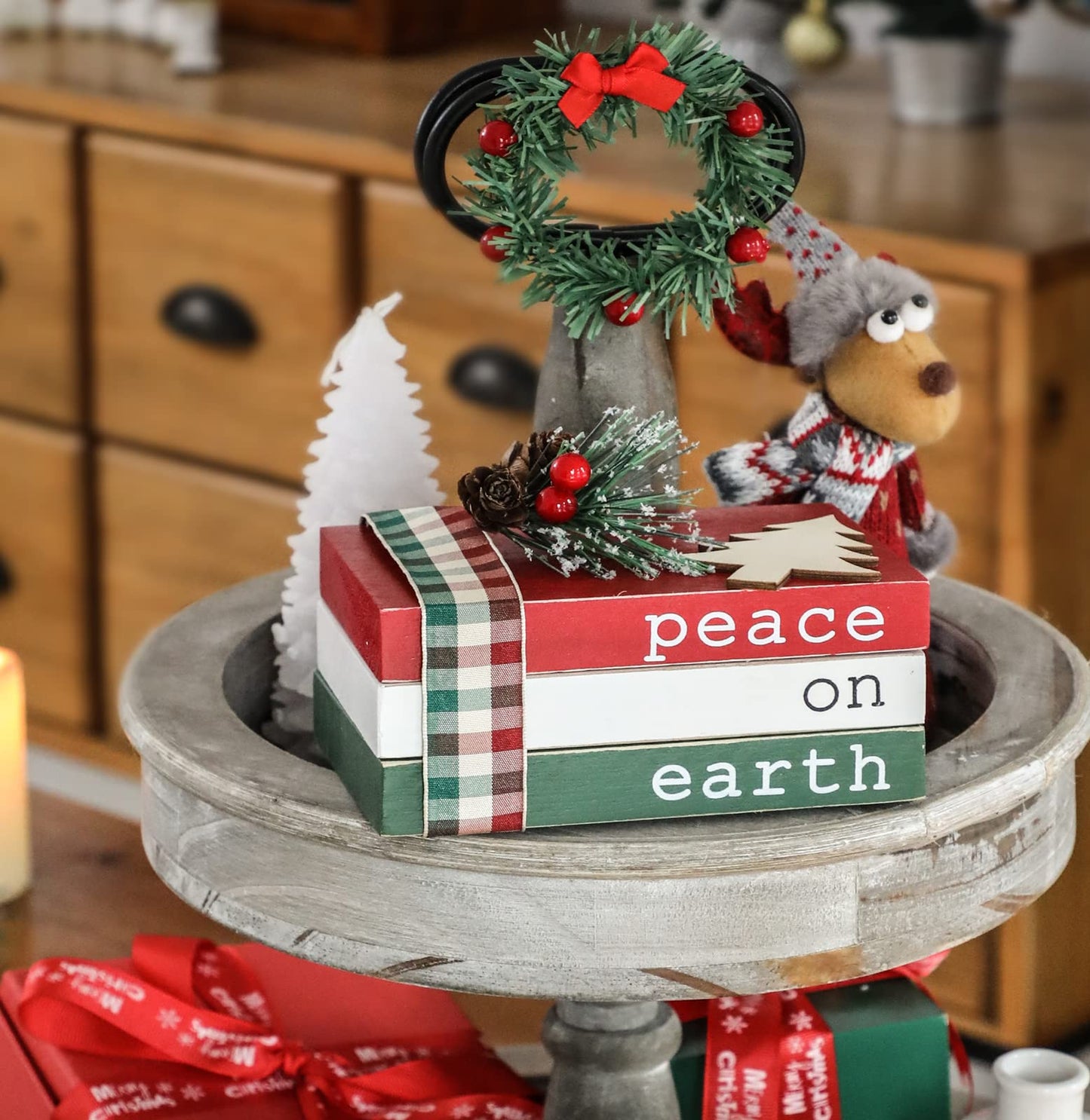 Christmas Wood Book Stack, Christmas Tiered Tray Decor, Peace on Earth Mini Faux Decorative Books with Pine Berry, Farmhouse Book Decor for Home Table Mantle Shelf
