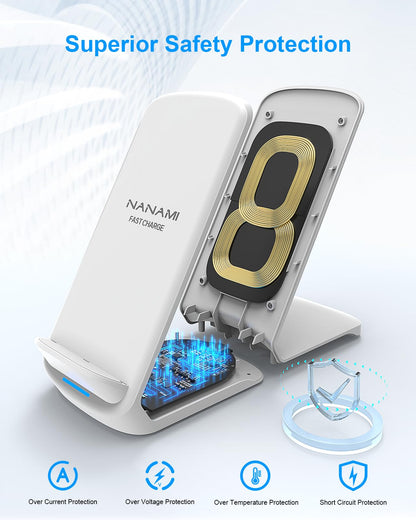 NANAMI Upgraded Fast Wireless Charger, Qi-Certified Wireless Charging Stand Compatible with Samsung Galaxy S25/S24/S23/S22/S21/S20 & Qi Phone Charger for iPhone 17/17 Air/16/16 Plus/16 Pro/15/14/13