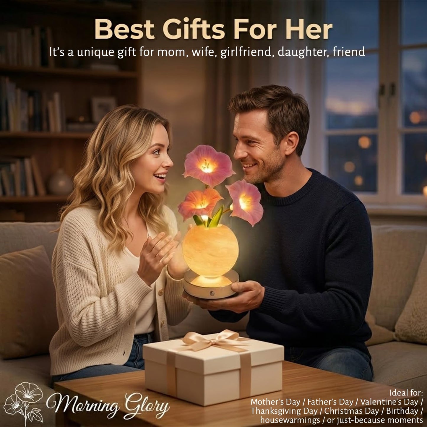 Strackvial Flower Table Lamp, Rechargeable Cordless Touch Dimming Artificial Morning Glory Flower Desk Lamp, LED Flower Bedside Night Light Romantic Gifts for Girl Women Mom (Pink Morning Glory)