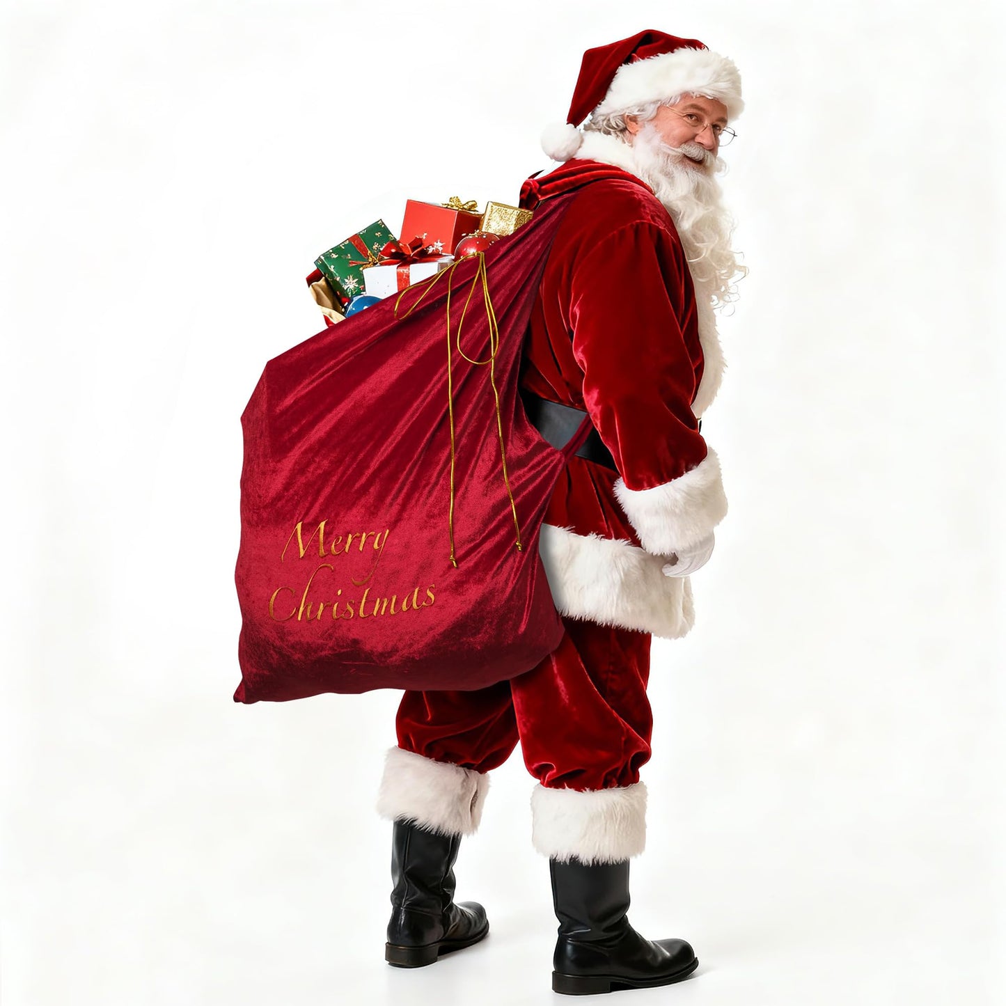 Large Velvet Santa Claus Christmas Sack with Drawstring, 29.5 x 35.5 Inch Gift Bags for Xmas Party Decor, Stocking Stuffers, and Holiday Gift Supplies (Red)