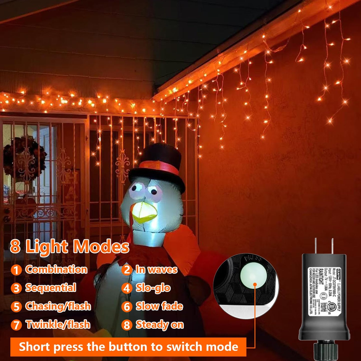 YEGUO 33ft 400 LED Orange Thanksgiving Lights, Connetable Icicle Light Outdoor Waterproof, 8 Modes Christmas Lights Indoor Plug in for Thanksgiving House Patio Fall