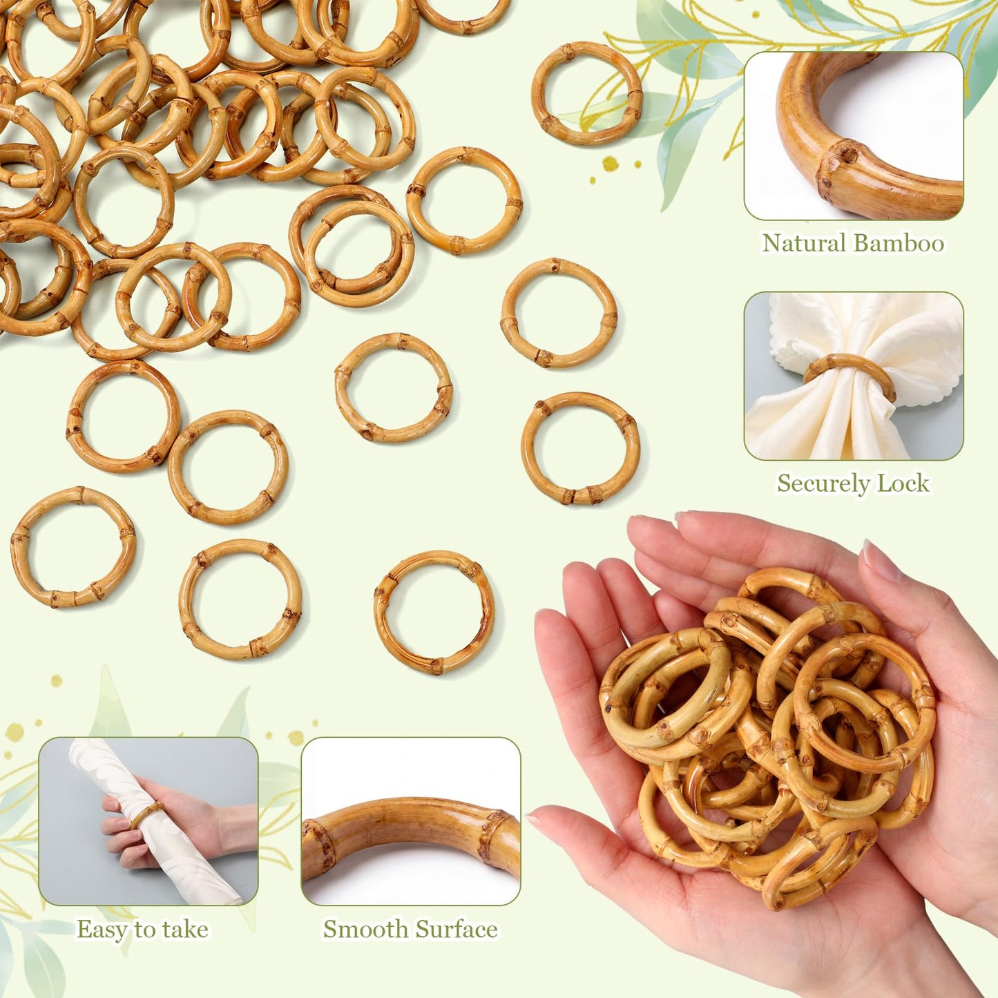 Thenshop 50 Pcs Decorative Bamboo Napkin Rings Bulk Exquisite Round Dining Table Napkin Holder Buckles for Elegant Dining Wedding Harvest Holiday Party Home Gift Mini Hanging Rings