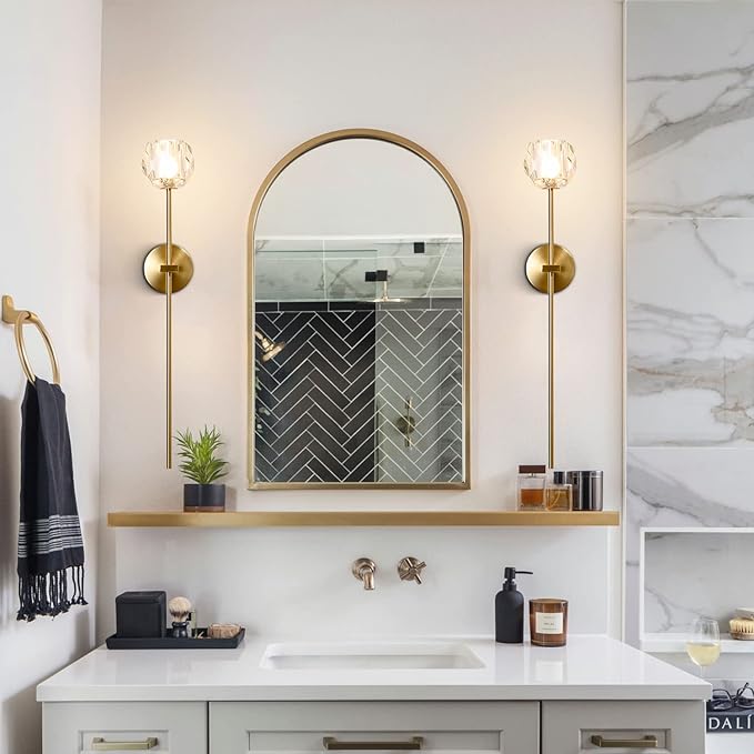 BOKT 1-Light Antique Brass Wall Sconce Lighting Fixture Modern Clear Crystal Ball Wall Sconce Lamp Brushed Gold Long Metal Wall Light Hardwired Bathroom Vanity Light Fixture