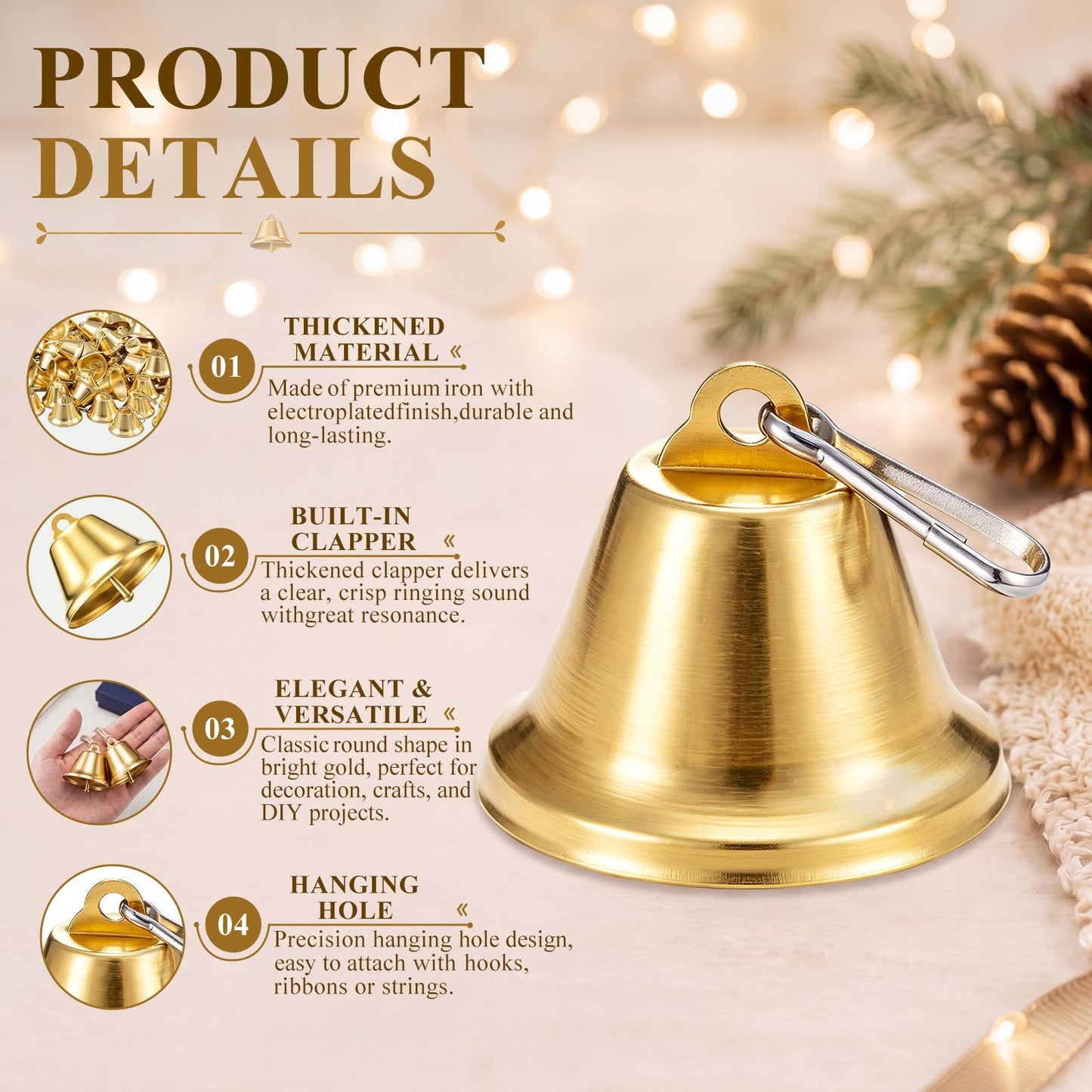 Shimeyao 100 Pieces Gold Bells 1.5 x 1.57 Inch Ornament Small Bells with Spring Hooks for Craft Wind Chimes Dog Potty Training Doorbell Wedding Decor Craft Making Hanging Favor