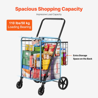 VEVOR Shopping Cart, 110 lbs Large Load Capacity, Folding Grocery Shopping Cart with 360° Swivel Wheels, Double Baskets, Locking Latch, Heavy Duty, Easy Installation, for Laundry, Luggage Camping