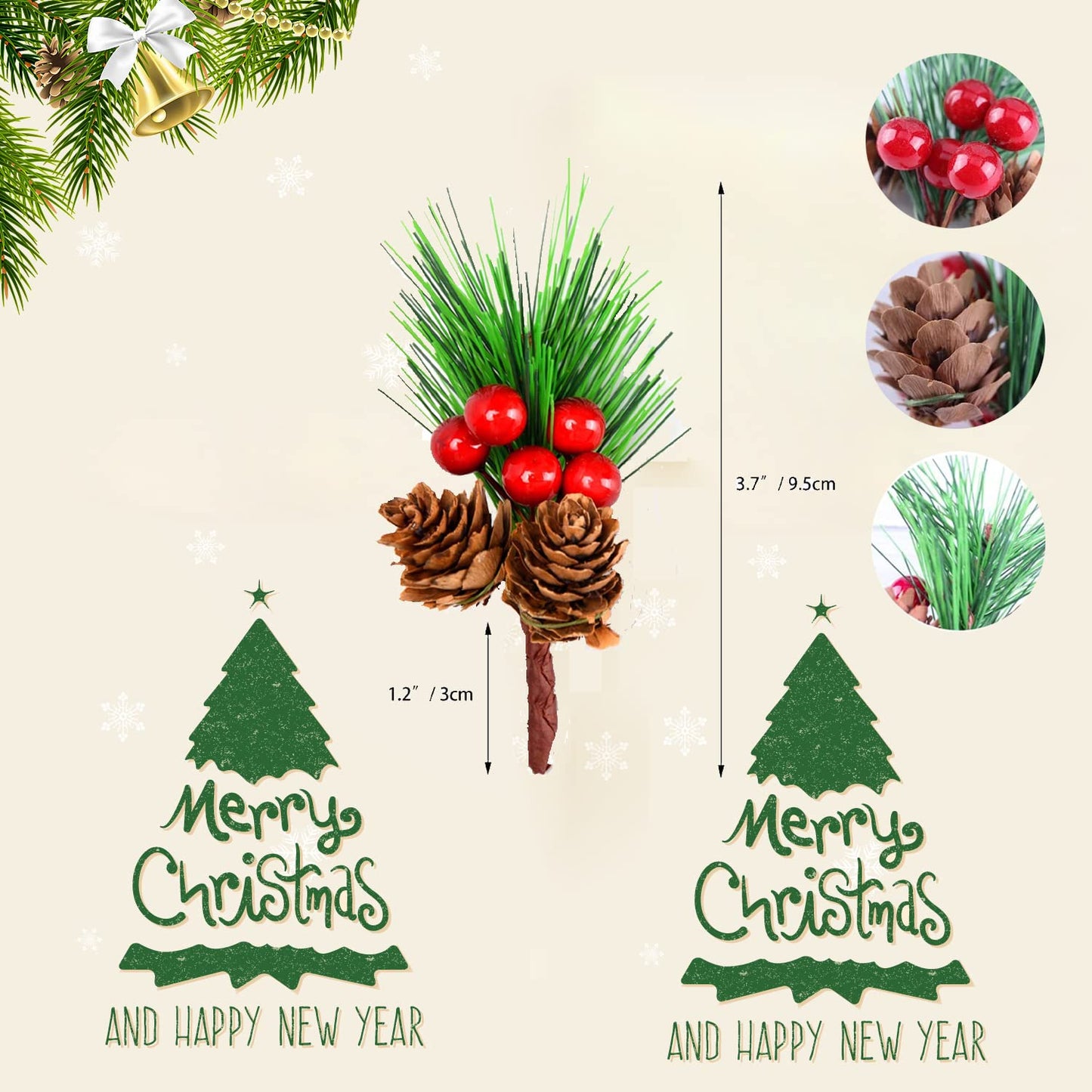 Ayuanb 20 Pcs Artificial Pine Picks, Christmas Cone Picks Red Berry Stems, Green Pine Needles Evergreen Branches for Christmas Floral Arrangement Wreath Crafts Holiday Xmas Tree Decorations