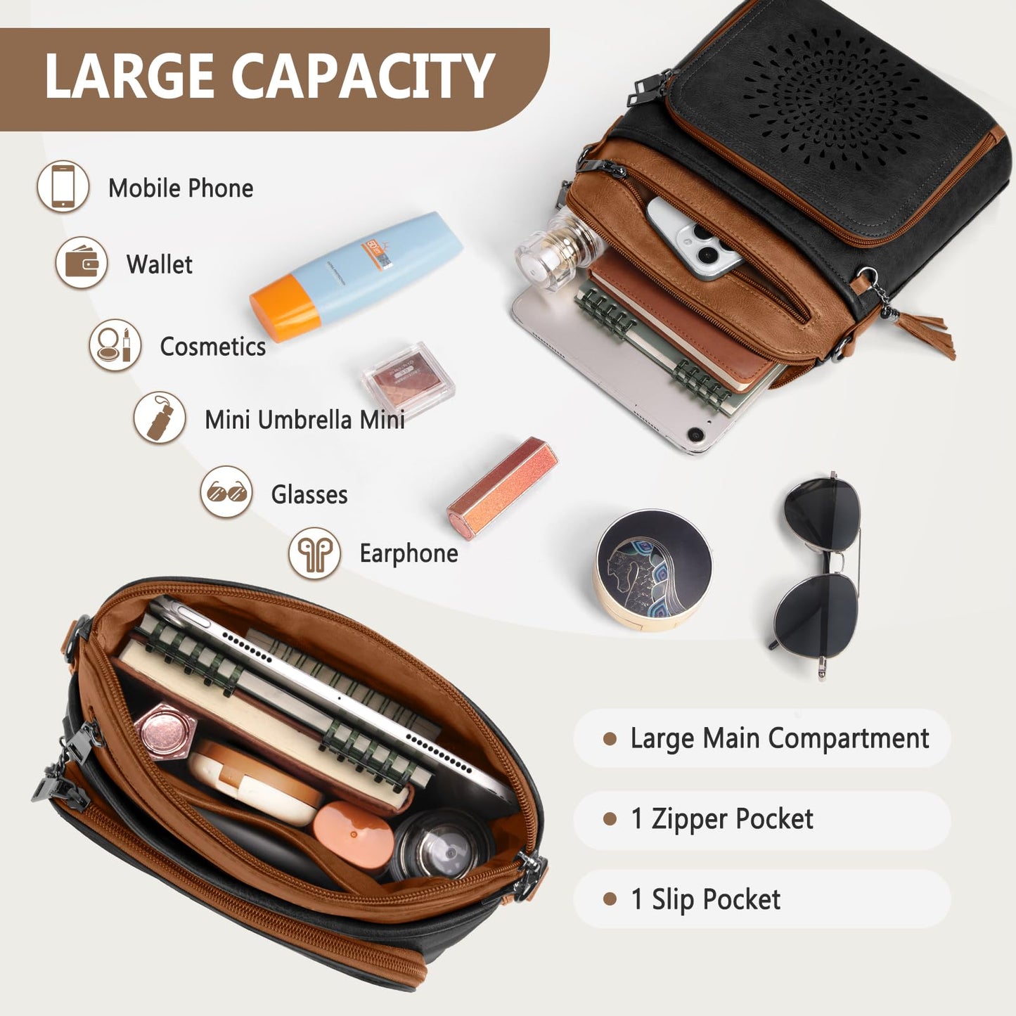 RAINSMORE Crossbody Bags for Women Leather Purse with Built in Wallet & Wide Straps Travel Cross Body Shoulder Handbags, black&brown