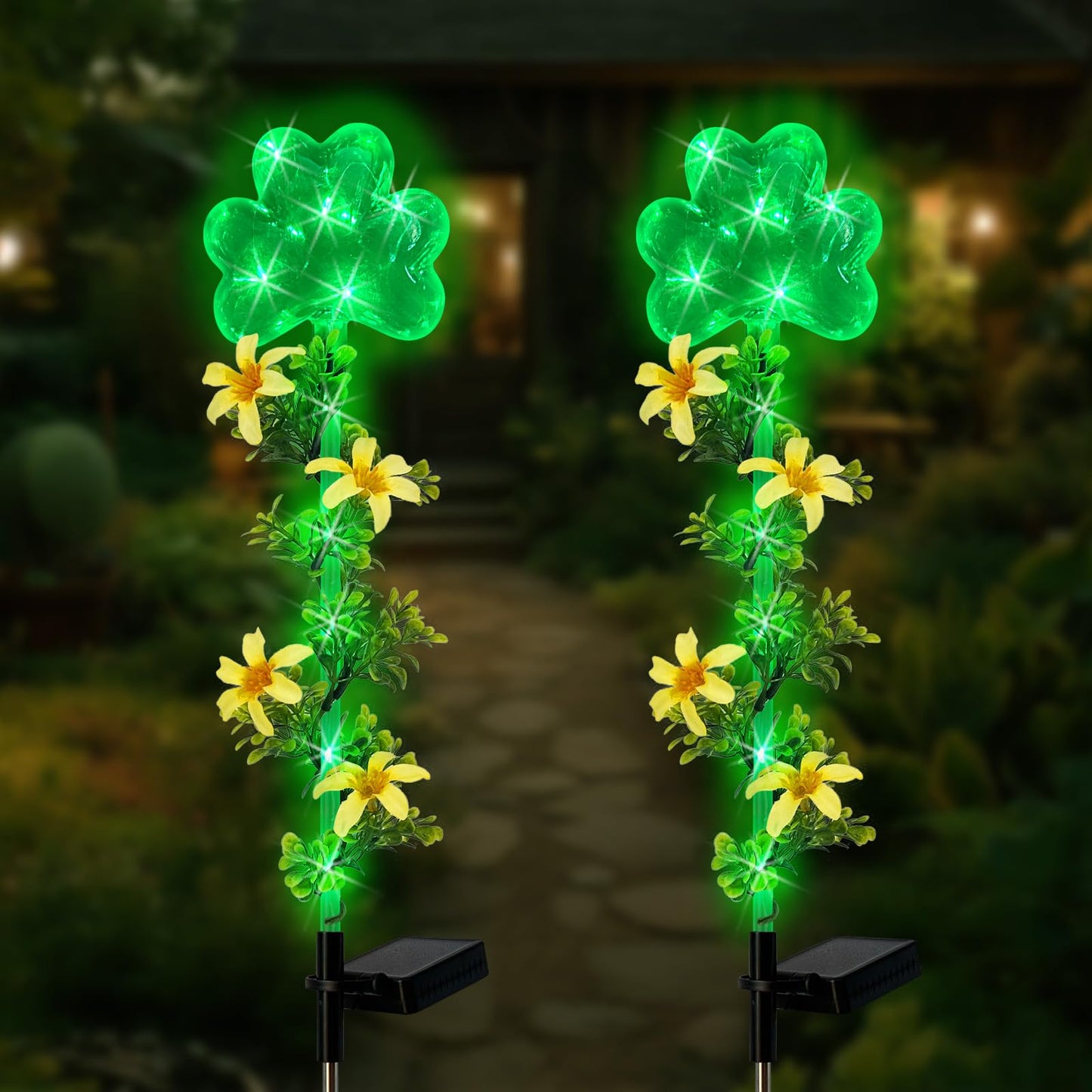Hokfirm ST Patrick's Day Decorations Outdoor,2 Pack Shamrock Solar Lights Outdoor,Solar Powered Green Fairy Lights Holiday Decorations for Yard,Lawn,Garden Stkae
