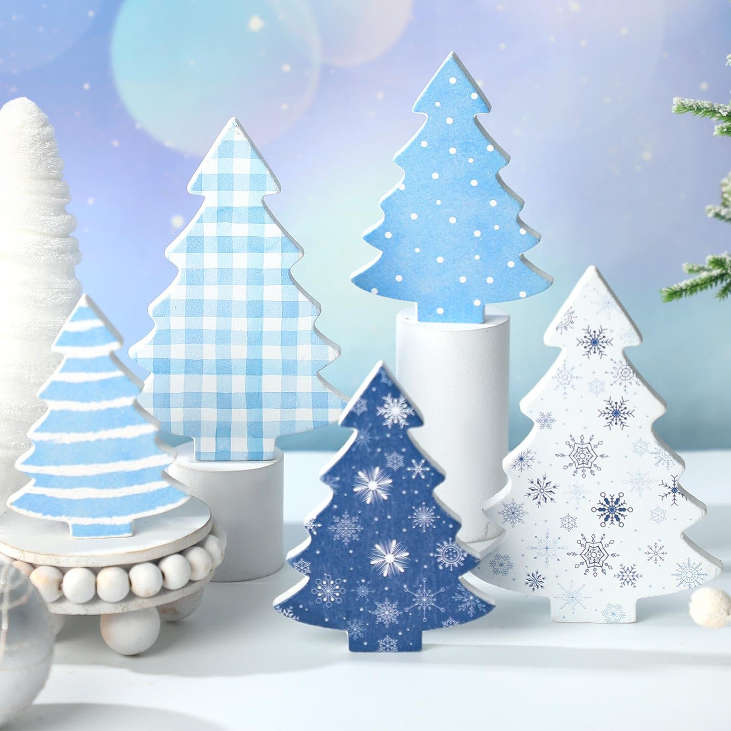 Huwena 5 Pcs Christmas Table Decoration Wooden Xmas Tree Tiered Tray Decor Centerpiece Gift Box Indoor Christmas Tree for Shelf Mantel Fireplace Home Party(Blue Buffalo Plaid)