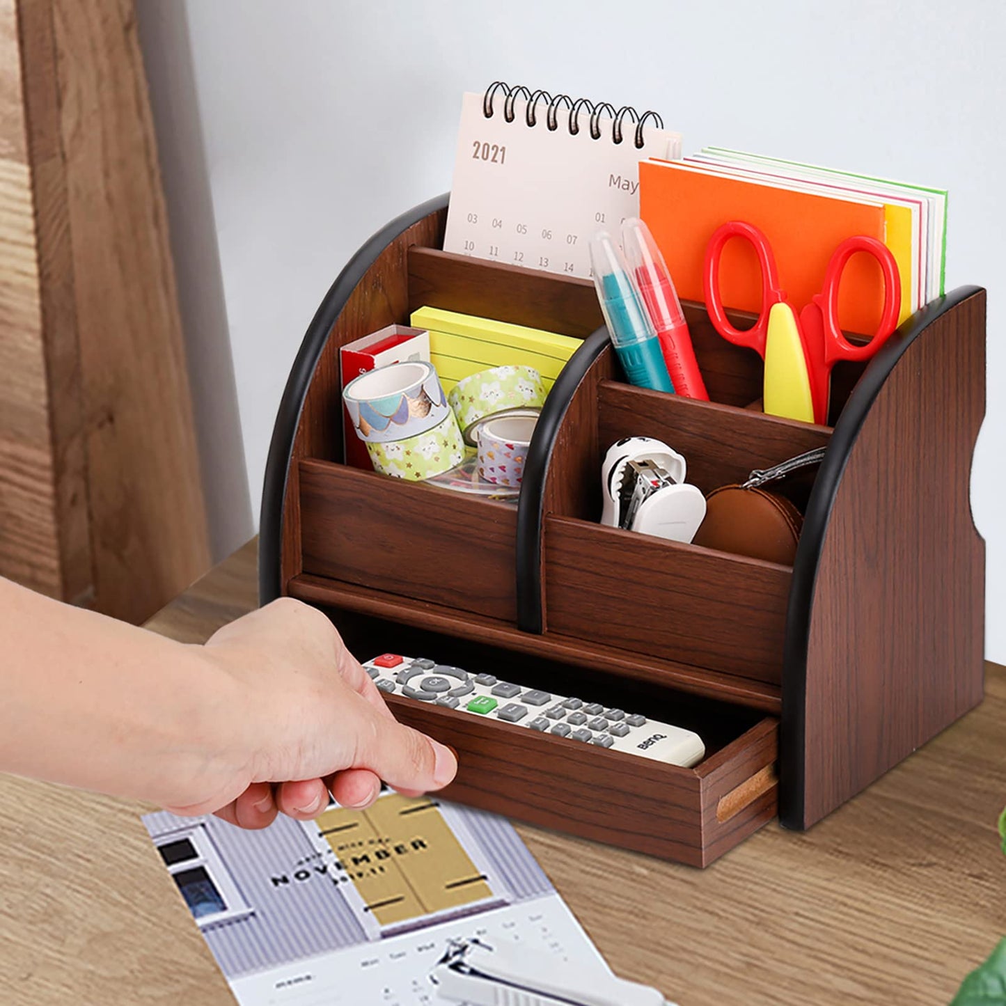 Foraineam Wooden Desk Organizer with Drawer, Remote Control Holder Caddy, Makeup Organizers, Wood Pencil Holder Desktop Supplies and Stationery Rack for Home Office School Tabletop Accessories Storage