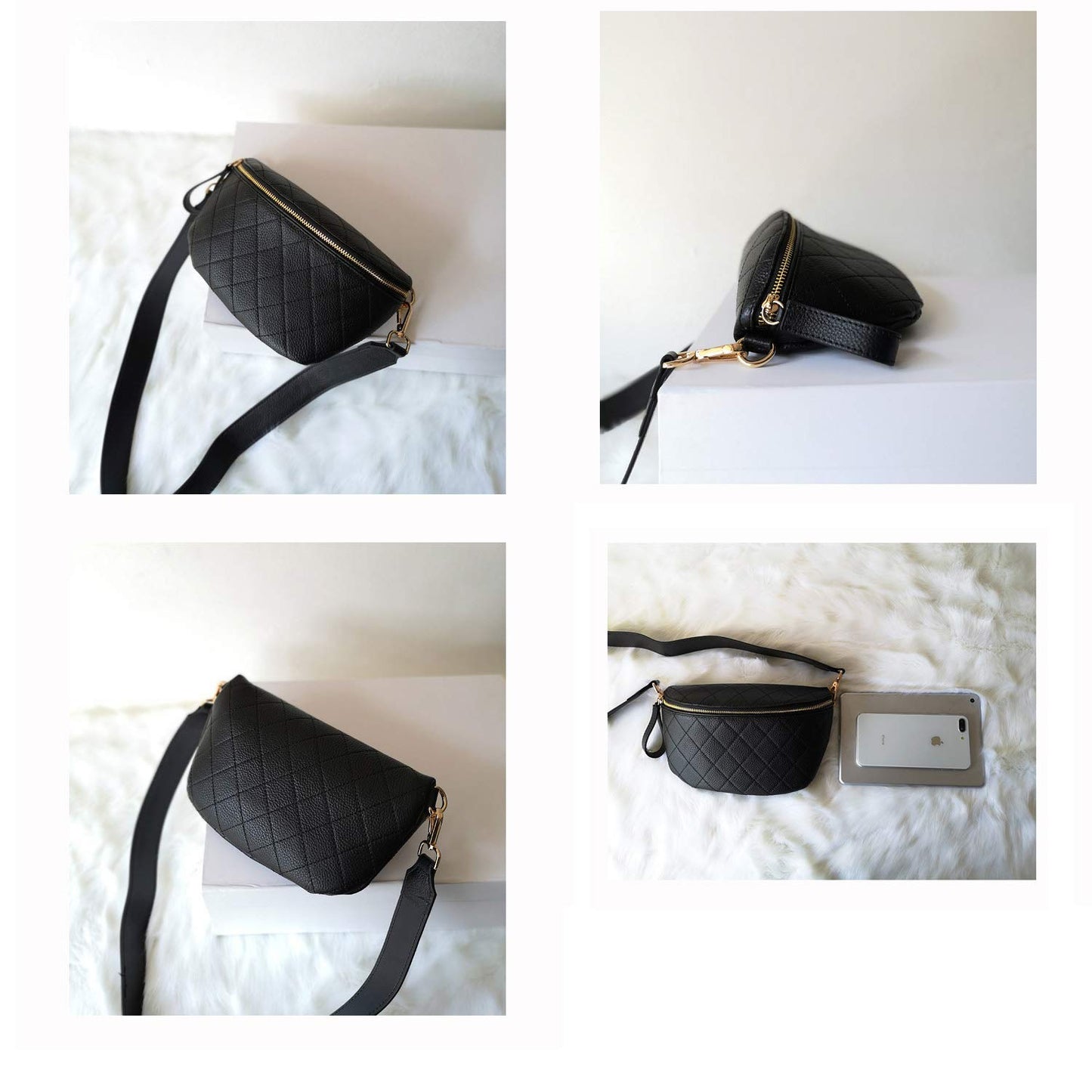 Leather Fanny Pack for Women Crossbody, Dressy Belt Bag with Gold Chain - Black Luxury Waist Purse(Black-2)