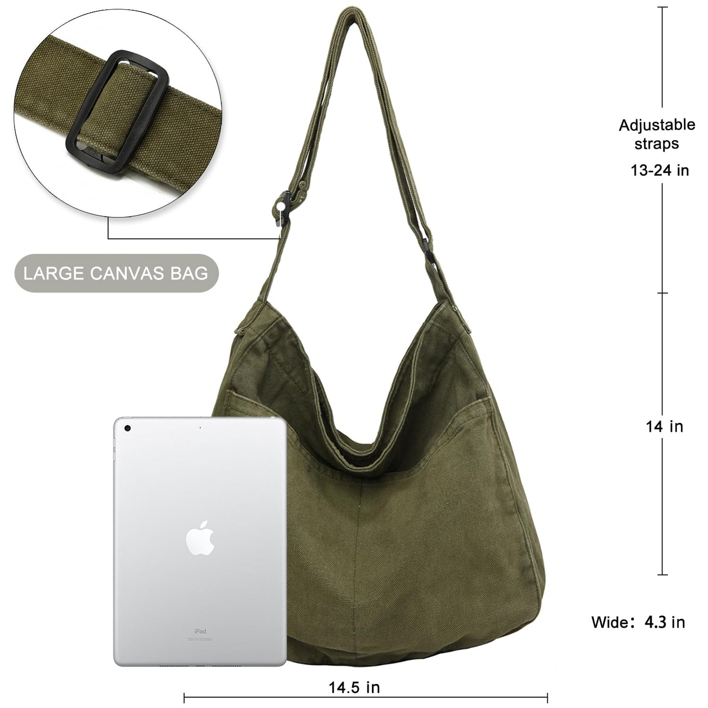 DAINAOTM Canvas Tote Bag Casual Hobo Crossbody Shoulder Bag for Women and Men Large Purse Messenger Bag Travel Work