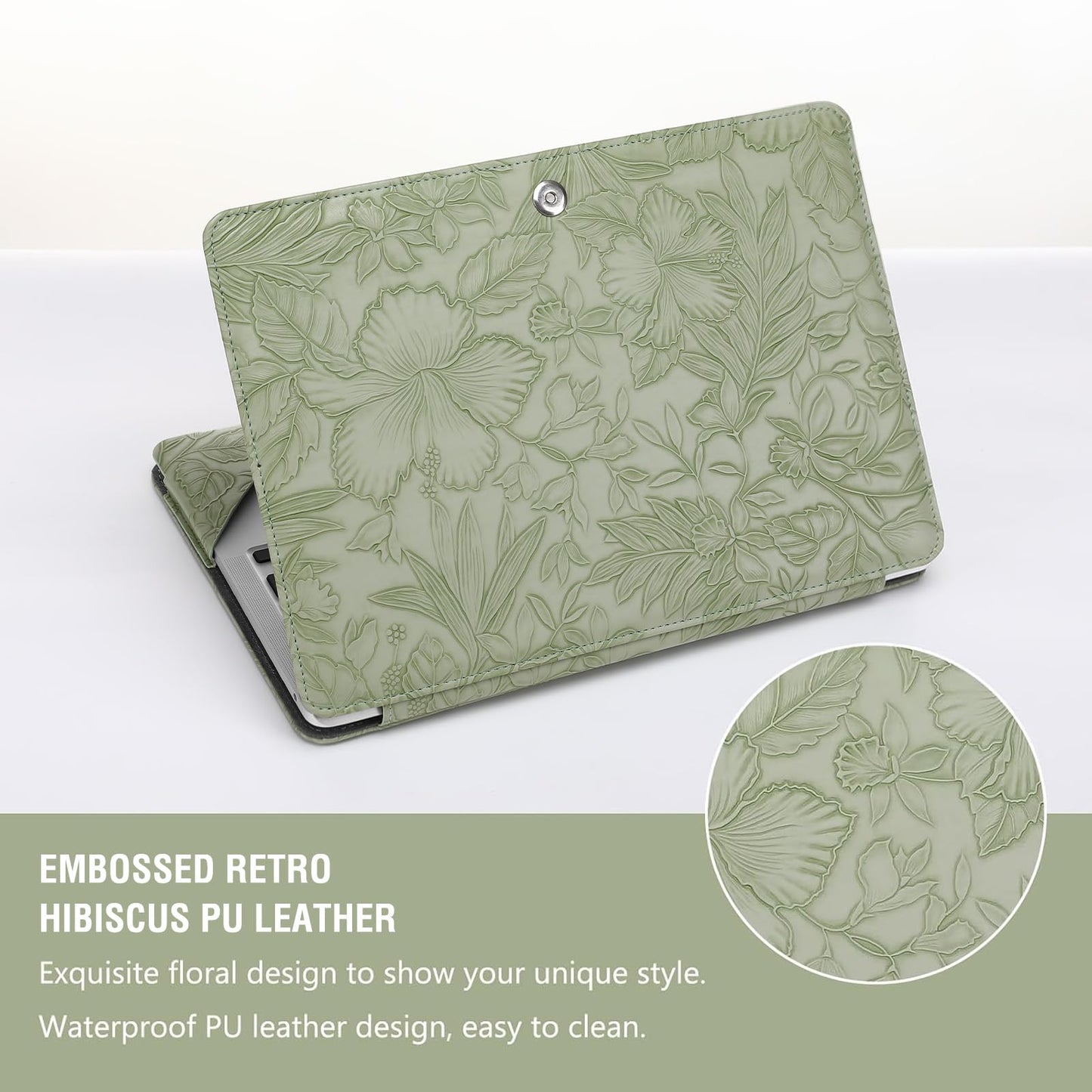 MOSISO Case Compatible with MacBook Air 13.6 inch M5 M4 M3 M2 2026-2022 /Air 13 M1 2022-2018 /Pro 13 M2 M1 2022-2016, Embossed Retro Hibiscus PU Leather Portfolio Protective Stand Cover, Sage Green