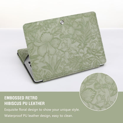 MOSISO Case Compatible with MacBook Air 13.6 inch M5 M4 M3 M2 2026-2022 /Air 13 M1 2022-2018 /Pro 13 M2 M1 2022-2016, Embossed Retro Hibiscus PU Leather Portfolio Protective Stand Cover, Sage Green