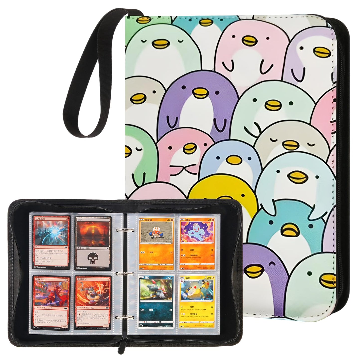 Trading Card Binder 4 Pocket with 50 Removable Sleeves, Card Holder Fits 400 Cards,Collection Album for Game Cards, Durable Collectible Storage Case for Girls and Boys(Penguin)