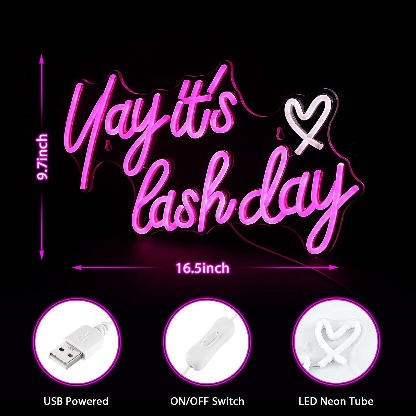 Kavaas Yay It's Lash Day Neon Sign - Lash Neon Sign for Lash Room Decor | Lash LED Light Sign for Lash Salon, Beauty Room, Nails Hair Bar - Great Gifts for Lash Techs Girls, Christmas, Birthday