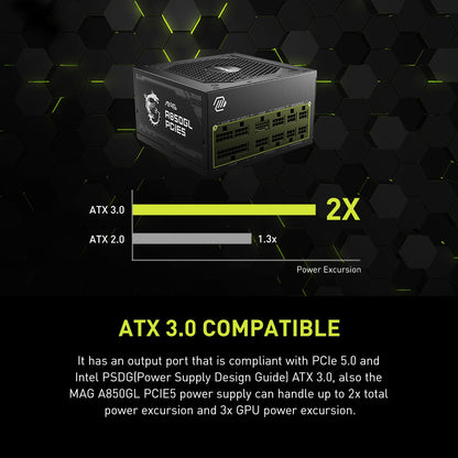 MSI MAG A850GL PCIE 5.1 & ATX 3.1 Gaming Power Supply - Full Modular - 80 Plus Gold Certified 850W - Compact Size - ATX PSU - 10 Year Warranty