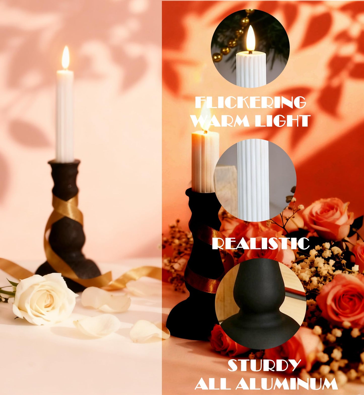 Aroparc Flickering Flameless Battery Operated LED Candles,Realistic All-Metal Candle Lights No-Melted, Room Decor, Home Decor - Matte 2pcs 1 Tall+1 Short
