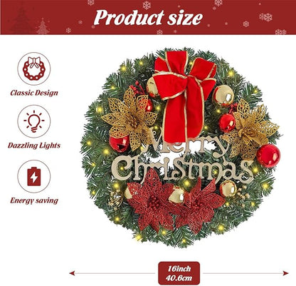 FR Artificial Pre-Lit Fir Christmas Wreath Holiday Accent Decoration, Wintry Pine, Decorated with Pine Cones Berry Clusters Frosted Branches, with LED Lights for Door, Mantel 16 Inch