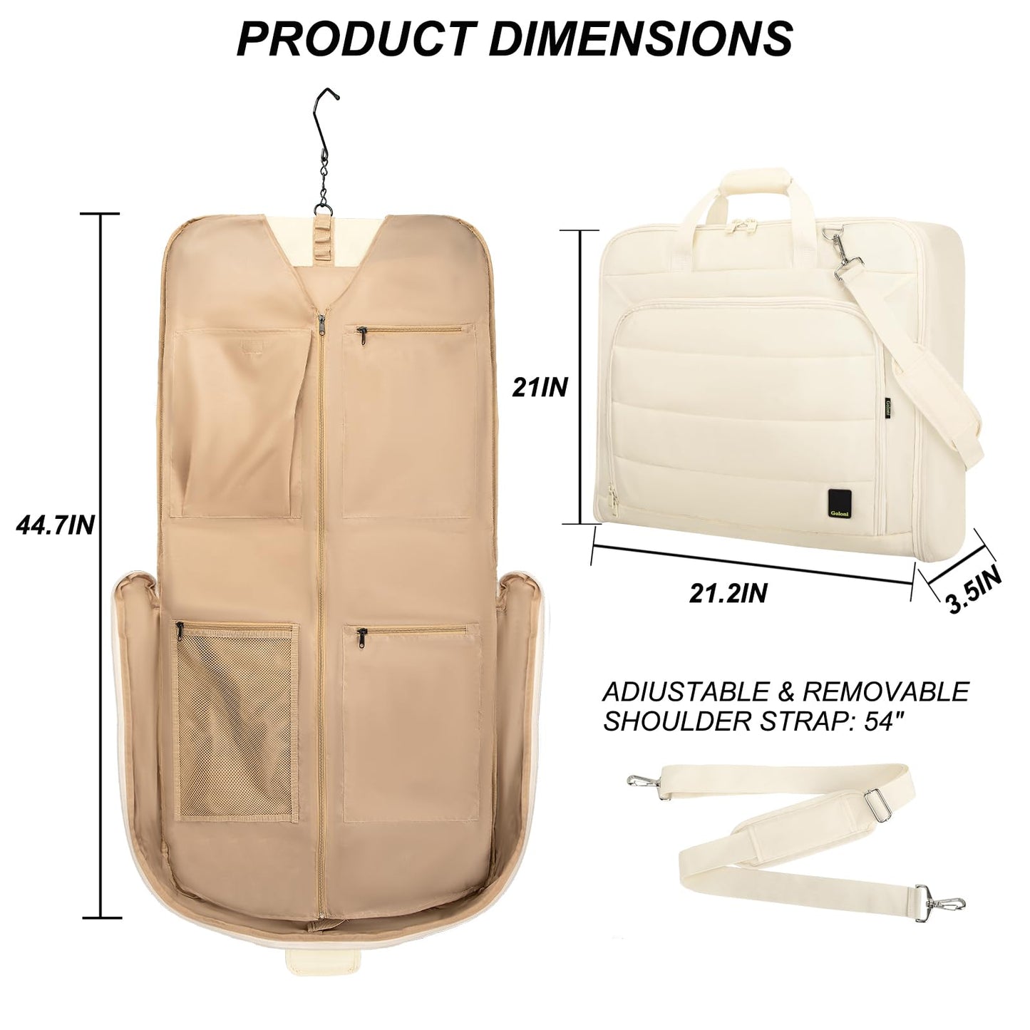 Travel Garment Bag for women,Lightweight Puffy Carry on Garment Bag for Hanging Clothes,44.7'' Waterproof Travel Suit Bag with Shoulder Strap,2 in 1 Foldable Duffle Bag,Beige