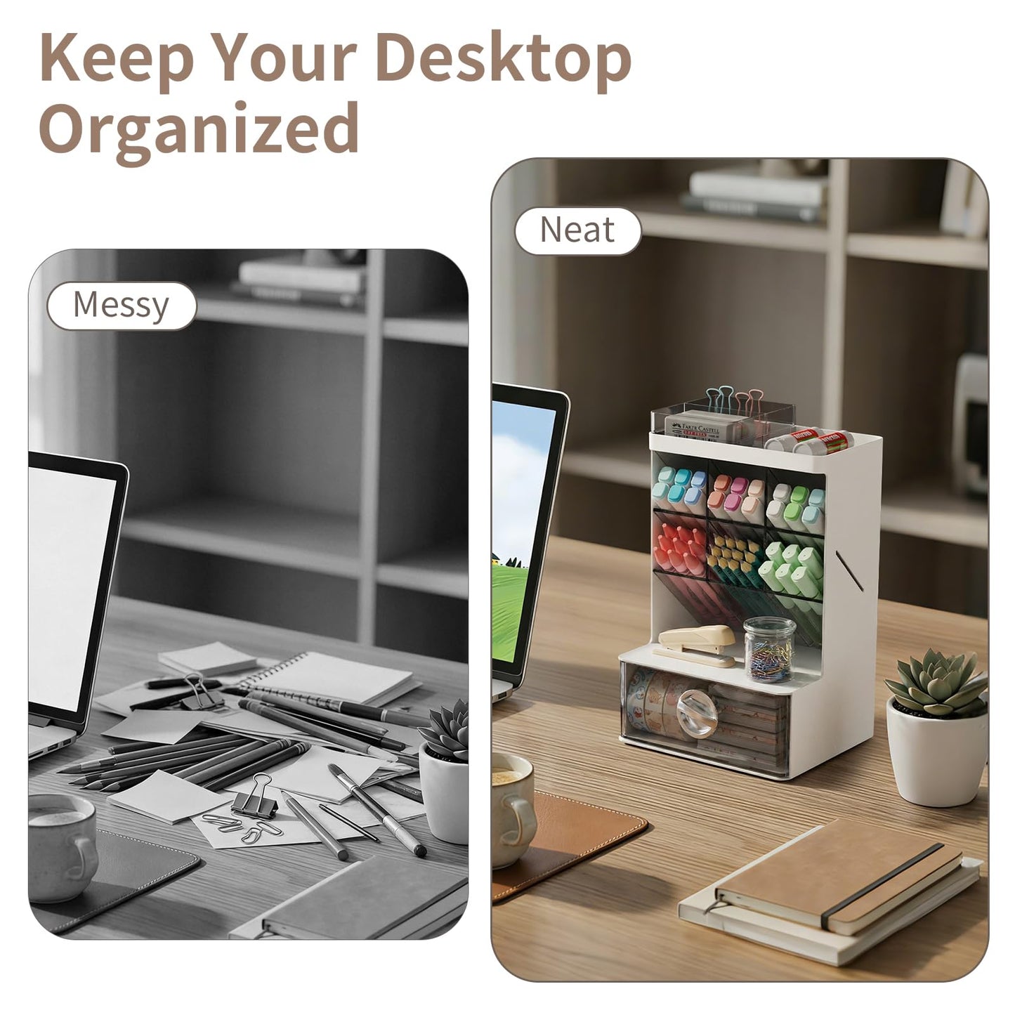 Veystor Pen Organizer with Drawer, 6 Compartments Desk Pencil Holder for Stationery & Craft, Multi-Purpose Art Supply Organizers for Office Desktop, Vanity, Bathroom, Pantry & Home Storage