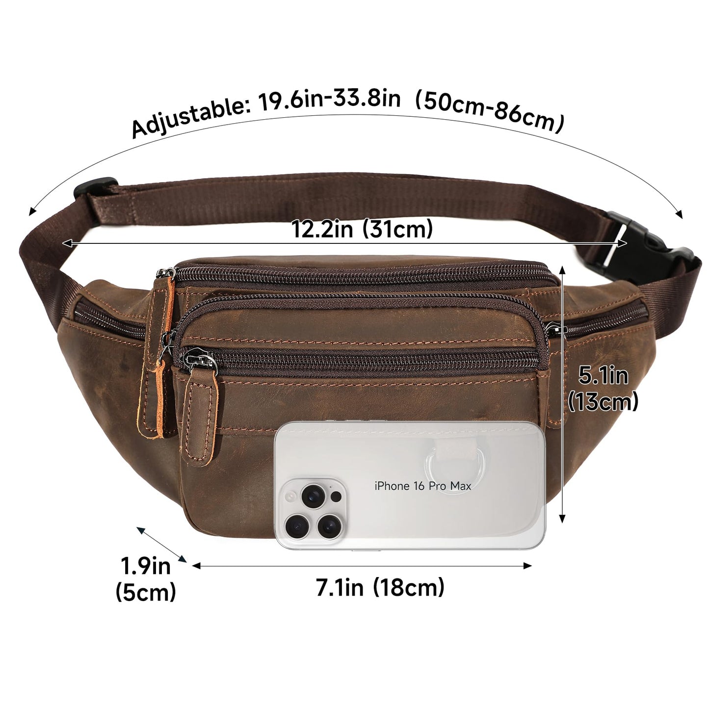 Genuine Leather Fanny Pack HandMade Durable cowhide Waist Bag Lots of Anti-theft zipper pocket Brown