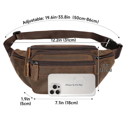 Genuine Leather Fanny Pack HandMade Durable cowhide Waist Bag Lots of Anti-theft zipper pocket Brown
