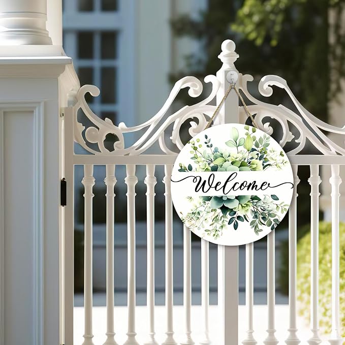 Spring Summer Welcome Door Sign Green Eucalyptus Leaf Wooden Door Hanger Floral Leaves Front Door Hanging Sign for Outdoor Home Farmhouse Porch Sign Decor