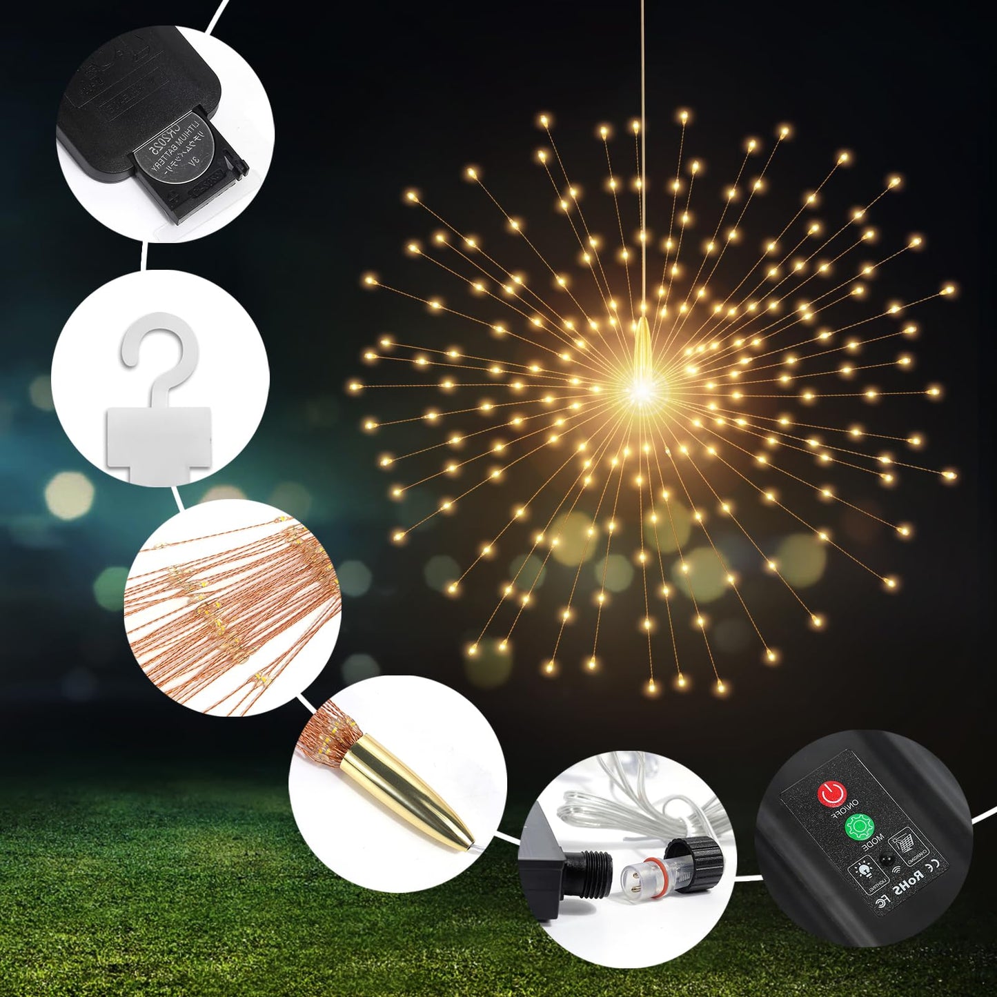 SHUKAN 5 Pcs 1000LED Solar Starburst Sphere Lights,Firework Light Remote Control Timer 8 Modes Dimmable Waterproof Hanging Fairy Light, Sparkly Lights for Patio Garden Tent Outdoor(Warm White)