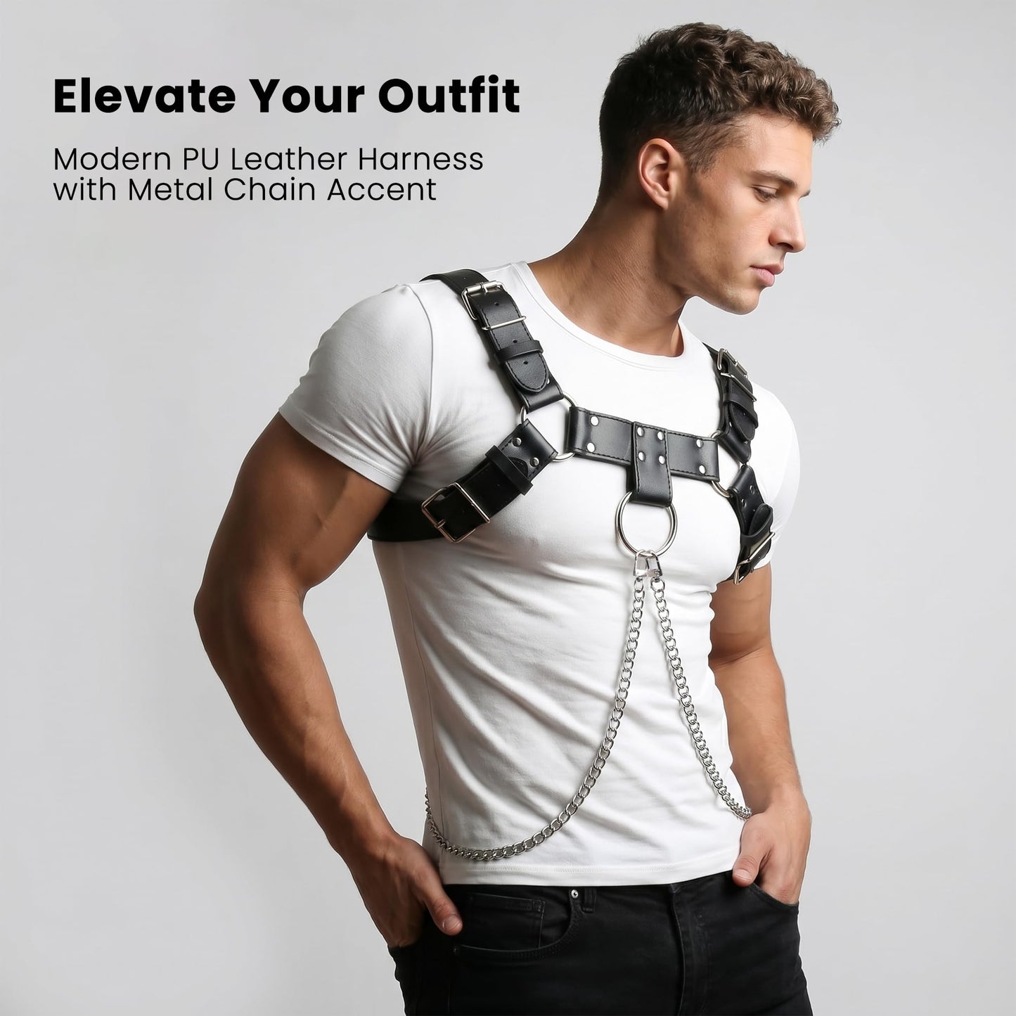 Brycarely Mens PU Leather Chest Harness Costume Cosplay Top with Chains, Adjustable Body Harness Shoulder Straps Male Punk Fashion Steatement Rave Outfit for Music Festival Party Halloween Cosplay