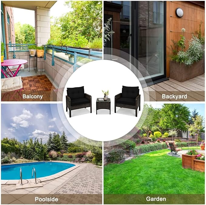 HAPPYGRILL 3 Pieces Patio Conversation Set Outdoor Rattan Wicker Furniture Set with Coffee Table & Chairs Patio Bistro with Seat Cushions for Garden Balcony Backyard Poolside