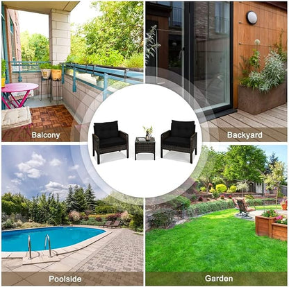 HAPPYGRILL 3 Pieces Patio Conversation Set Outdoor Rattan Wicker Furniture Set with Coffee Table & Chairs Patio Bistro with Seat Cushions for Garden Balcony Backyard Poolside