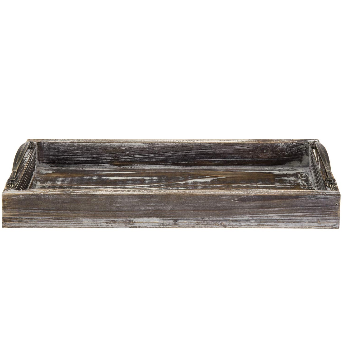 MyGift 16 Inch Rustic Torched Solid Wood Butler Tray with Decorative Antique Metal Handles, Holiday Dining Table Centerpiece, Christmas Dinner Home Decor
