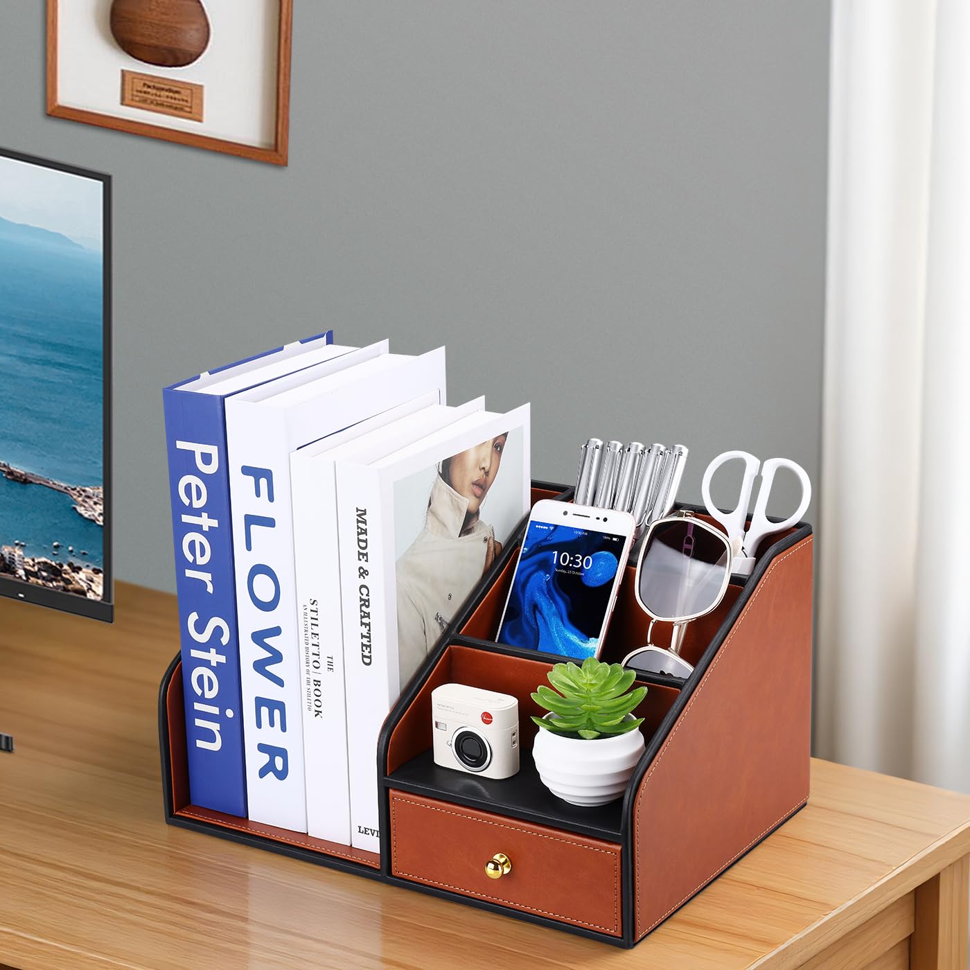 GORESE PU Leather Desk Organizer with Magazine File holder, Drawer and 4 Compartments, Office Workspace Organizers and Accessories, Large Desktop Organization with File Rack Pen Holder - Tan Brown