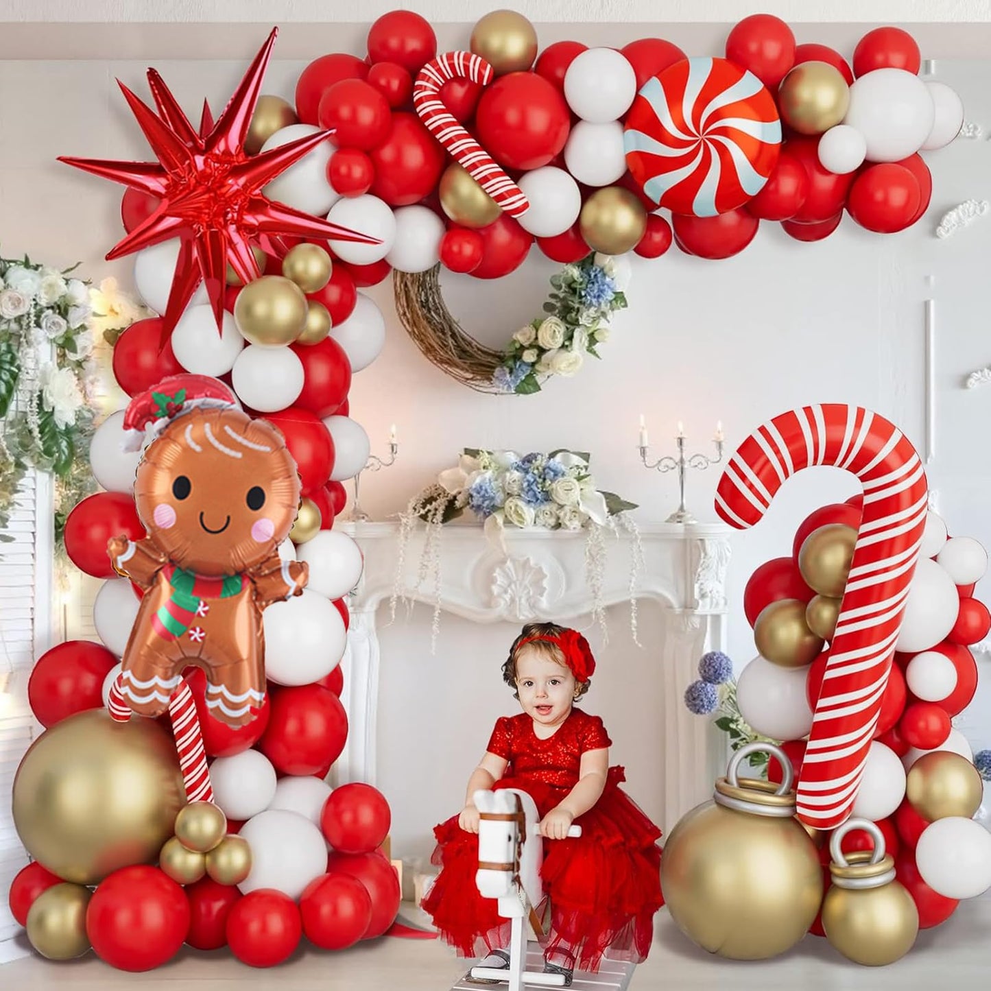 Christmas Balloon Garland Arch Kit Xmas Holiday Balloons with Red White Golden Balloon Candy Foil Balloon Candy Cane Balloon Red Starburst Balloons for Christmas Party Decorations