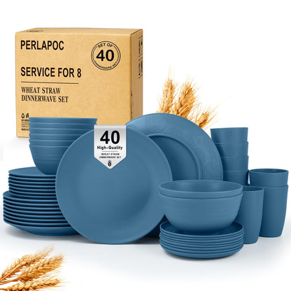 Wheat Straw Dinnerware Set 40-Piece Service for 8 Unbreakable Dishes Set Plates and Bowls Sets Drinking Glasses Microwave Safe Dish Set Lightweight Dinnerware Set for Home & Kitchen - Yellow