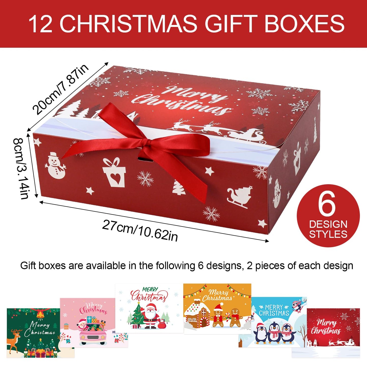 Ssyuysto 12PCS Christmas Gift Boxes with Lids and Ribbon Holiday Present Boxes for Gifts Wrapping Xmas Party Favor Boxes Reusable Decorative Xmas Packaging for Cookies Candy Gifts