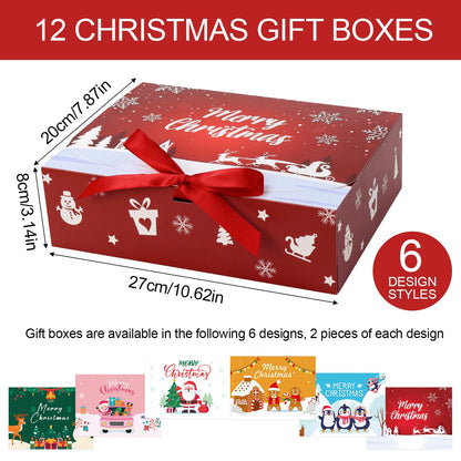 Ssyuysto 12PCS Christmas Gift Boxes with Lids and Ribbon Holiday Present Boxes for Gifts Wrapping Xmas Party Favor Boxes Reusable Decorative Xmas Packaging for Cookies Candy Gifts