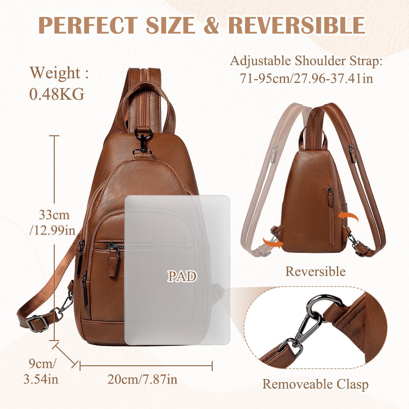 RAVUO Backpack Purse for Women, Anti Theft Sling Crossbody Bag Ladies Convertible Shoulder Daypack Casual Chest Bag for Travel Hiking College,Brown