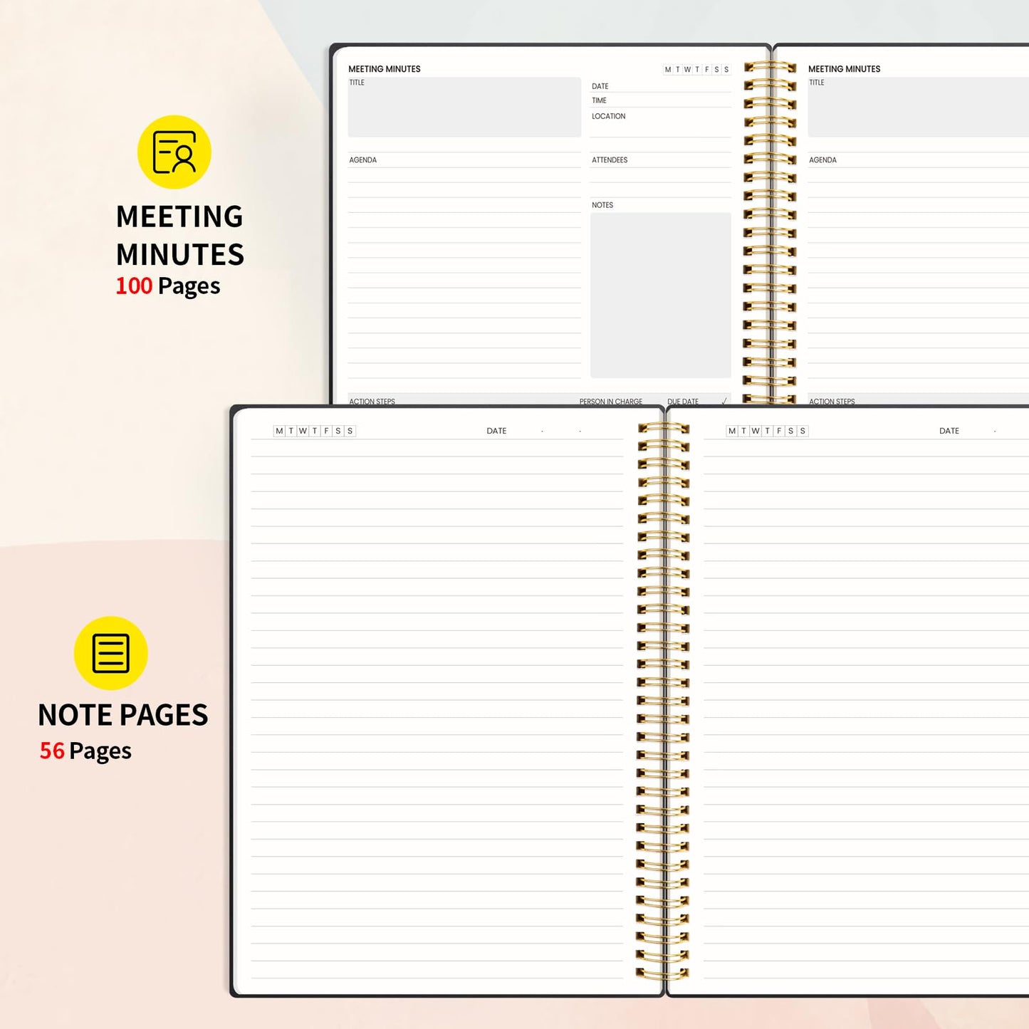 SUNEE Meeting Notebook for Work with Sticky Tabs - 160 Pages, A4 Size Project Planner, Spiral Meeting Agenda/Minutes Notebook Organizer for Women Men, Note Taking, Office & Business, 8.5"x11", Black