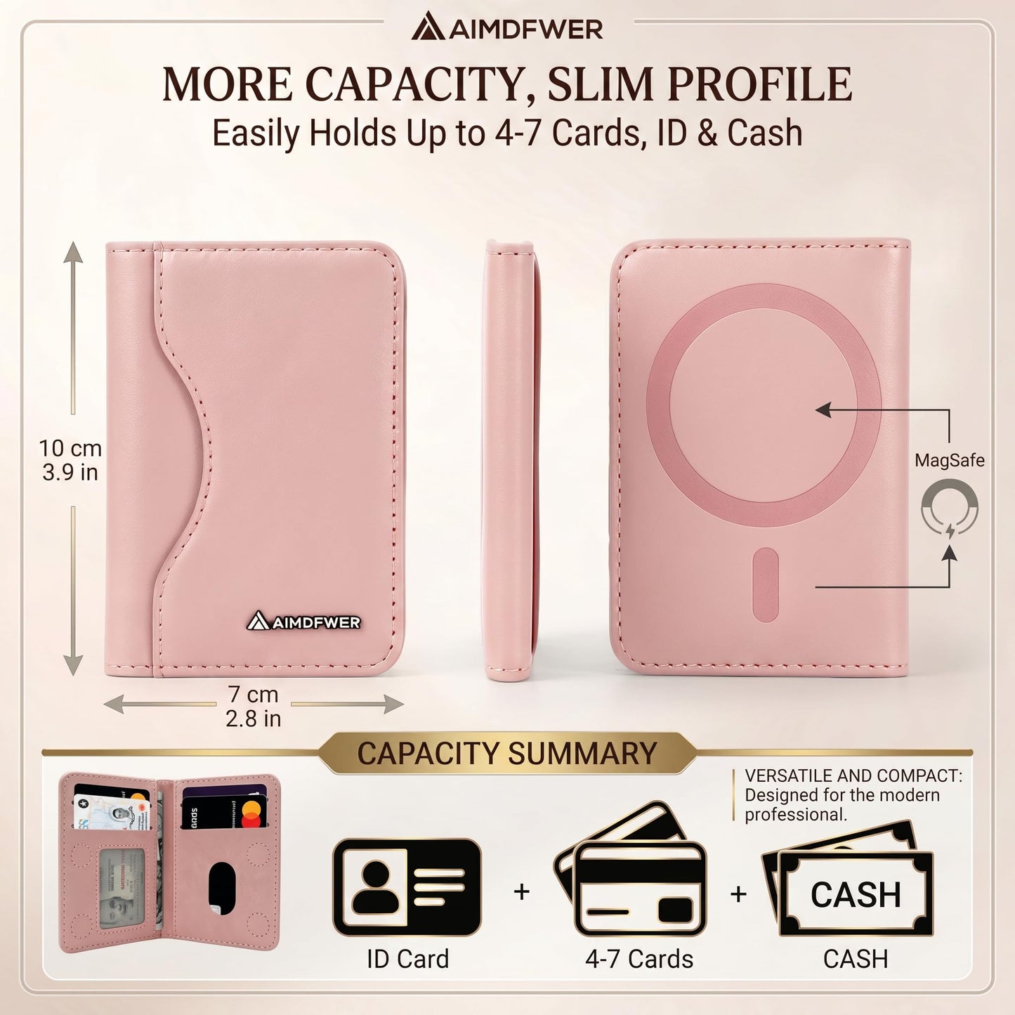 AIMDFWER Magsafe Wallet Women with 7 Credit Card Holders&ID Window, Strong Magnet Minimalist RFID Blocking Sleeves for MagSafe Phones and Cases, Compatible with iPhone 12/13/14/15/16/17 Series(Pink)