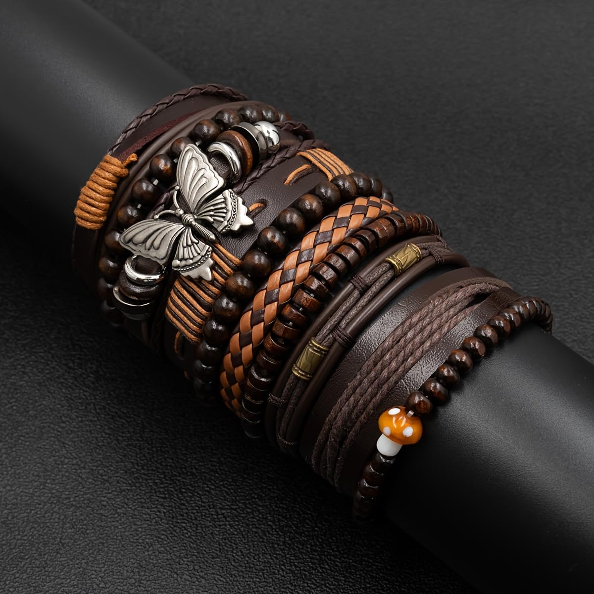 Aijewelop 10pcs/set PU Leather Butterfly Bracelet Punk Cuff Wrap Bracelets for Men Women Adjustable Brown Perfect for Daily Wear, Gift-Giving,