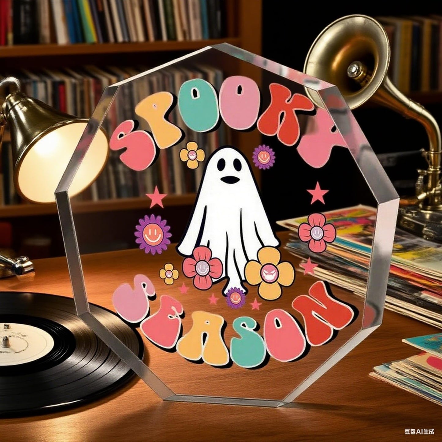 BHOOKA Cute Halloween Ornaments Clear Acrylic Enneagon Shaped Desk Sign Little Ghost & Flower Theme Plaque Happy Halloween Decorations for Holiday Party Home, Desktop Ornament Gifts